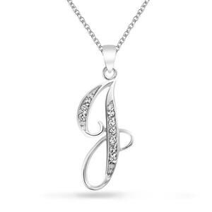 Script Initial Alphabet Pendant Necklace Pave Sterling Silver - Silver J